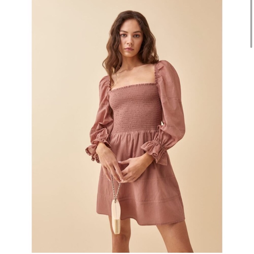 Reformation Dunes Praline Smocked Long Sleeve Mini Dress